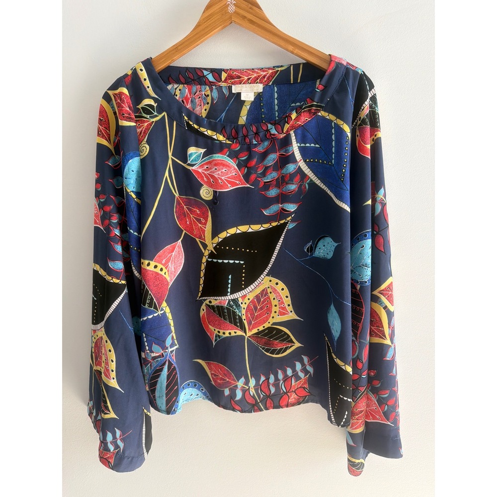 Fin & Grace Abstract Botanical Leaf Print Navy Multicolor Art to Wear Boho Top M